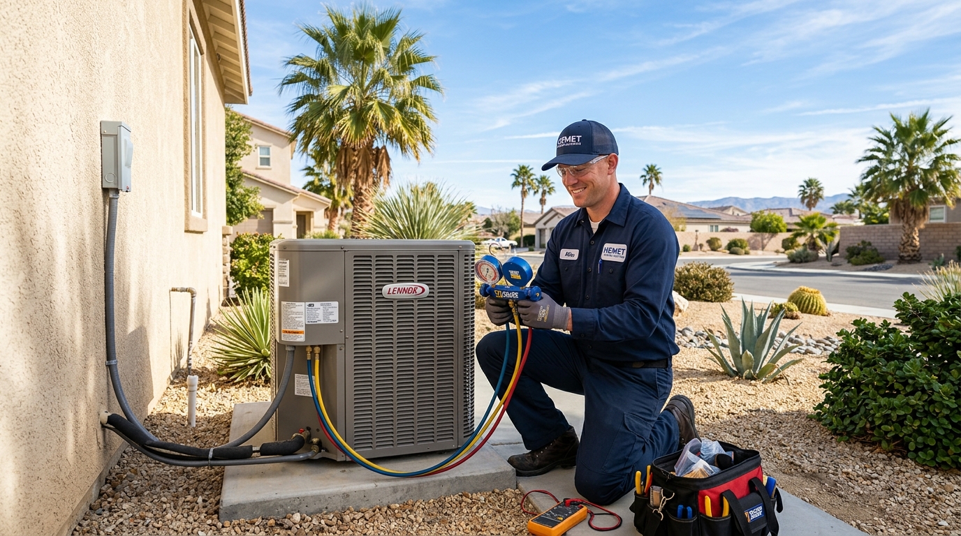 HVAC technician servicing a residential air conditioning condenser